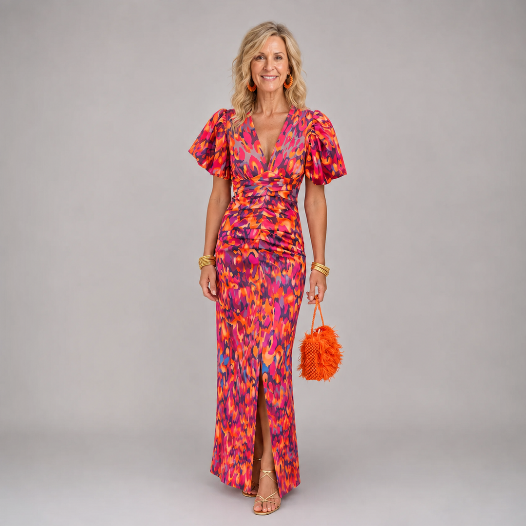 Millicent™ Pleated Sleeve Print Maxi Dress in Red, full length