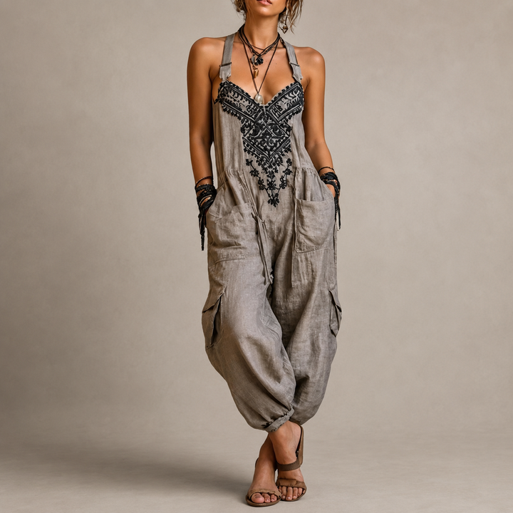 Hattie™ Embroidered Harem Jumpsuit in taupe, full length front view