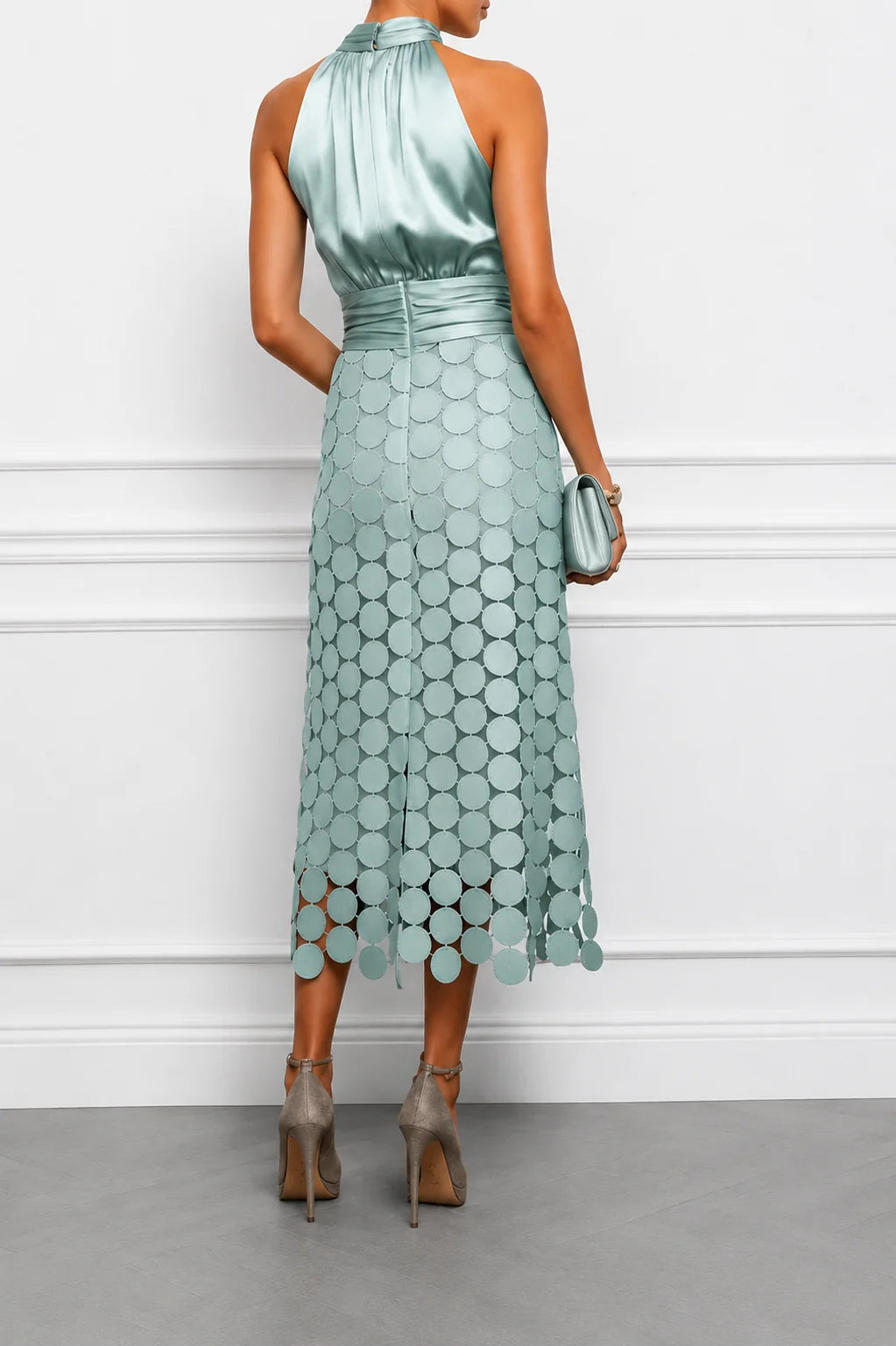 Eunice™ Halter Neck Midi Dress in aqua green, back view