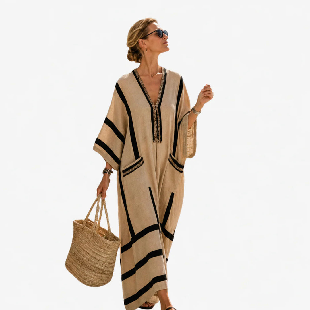 Blanche™ Striped Kaftan Maxi Dress in sand with dark stripes, full length view