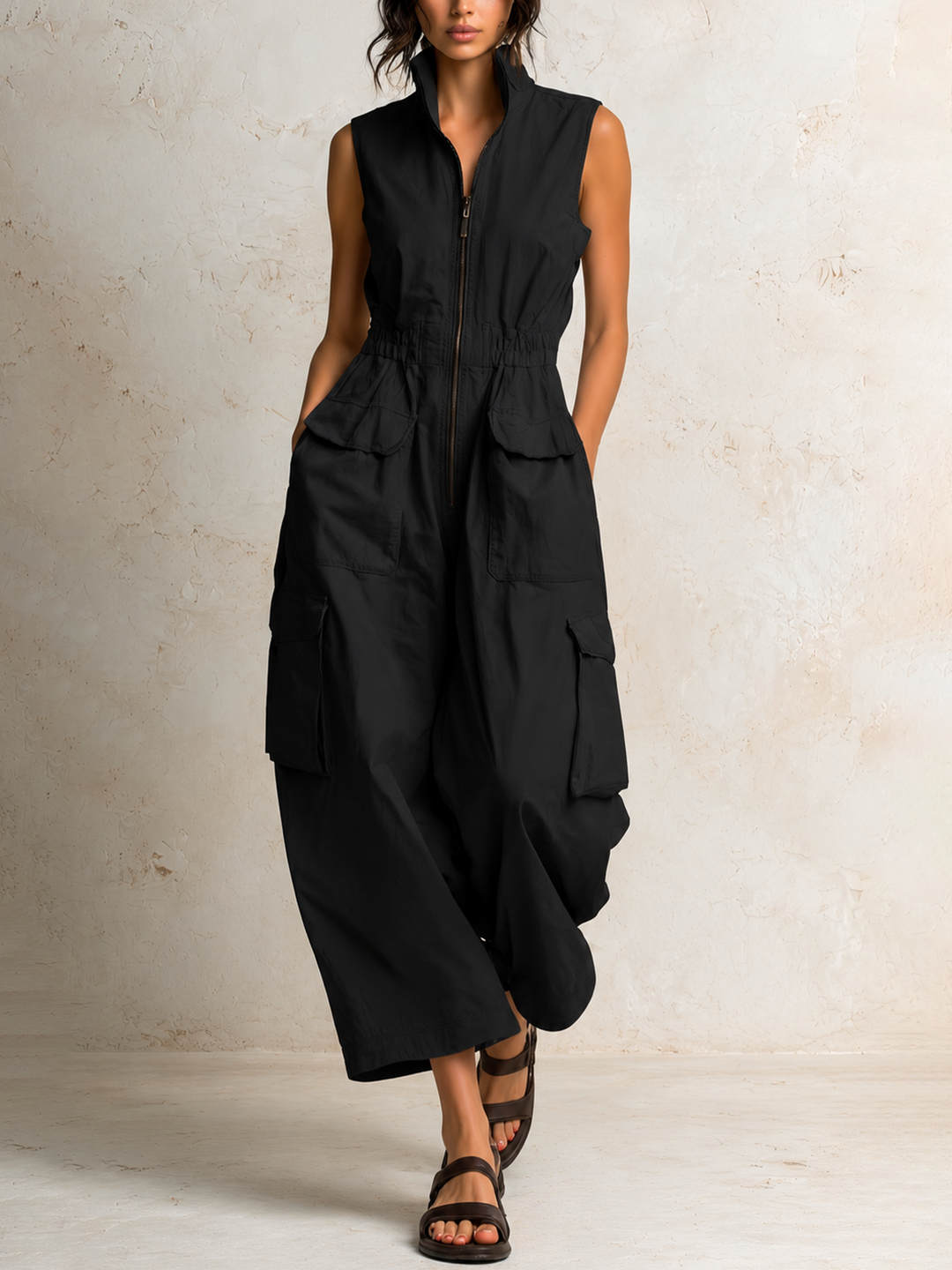 Ursula™ Utility Cargo Jumpsuit showing the stand collar and front zip