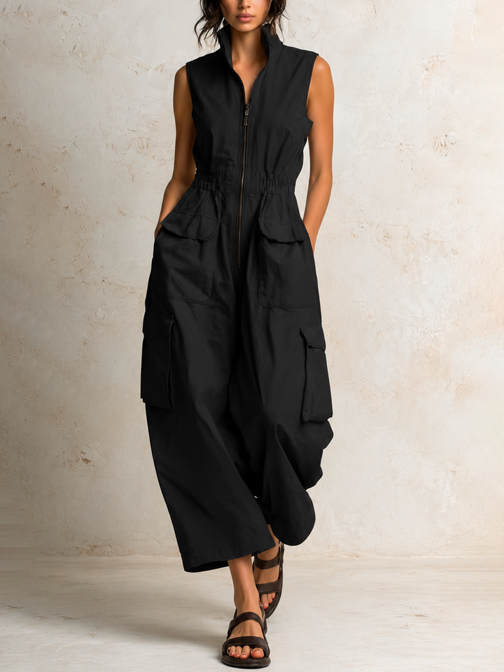 Ursula™ Utility Cargo Jumpsuit showing the stand collar and front zip