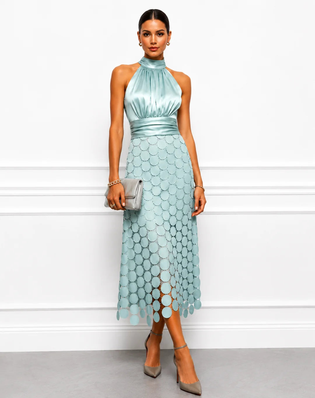 Eunice™ Halter Neck Midi Dress in aqua green, front view
