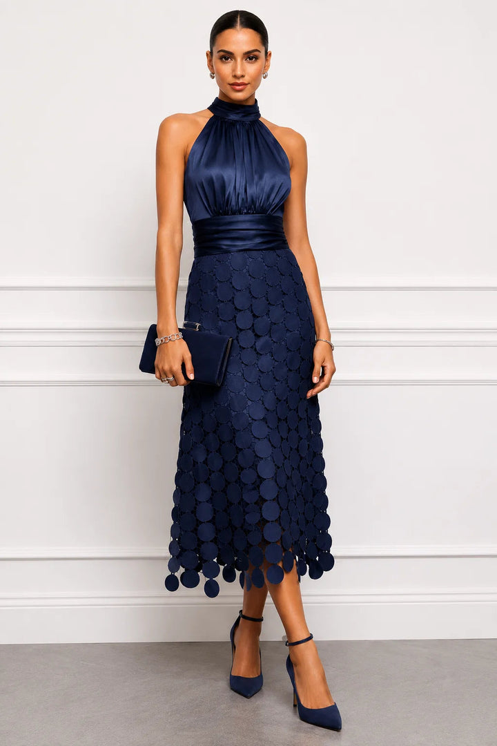 Eunice™ Halter Neck Midi Dress in navy blue, front view