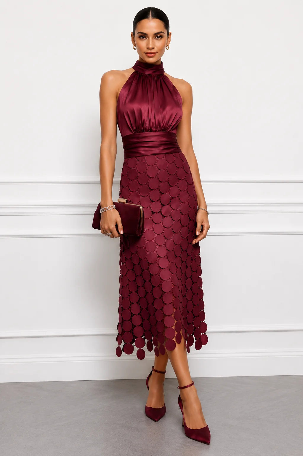 Eunice™ Halter Neck Midi Dress in burgundy, front view