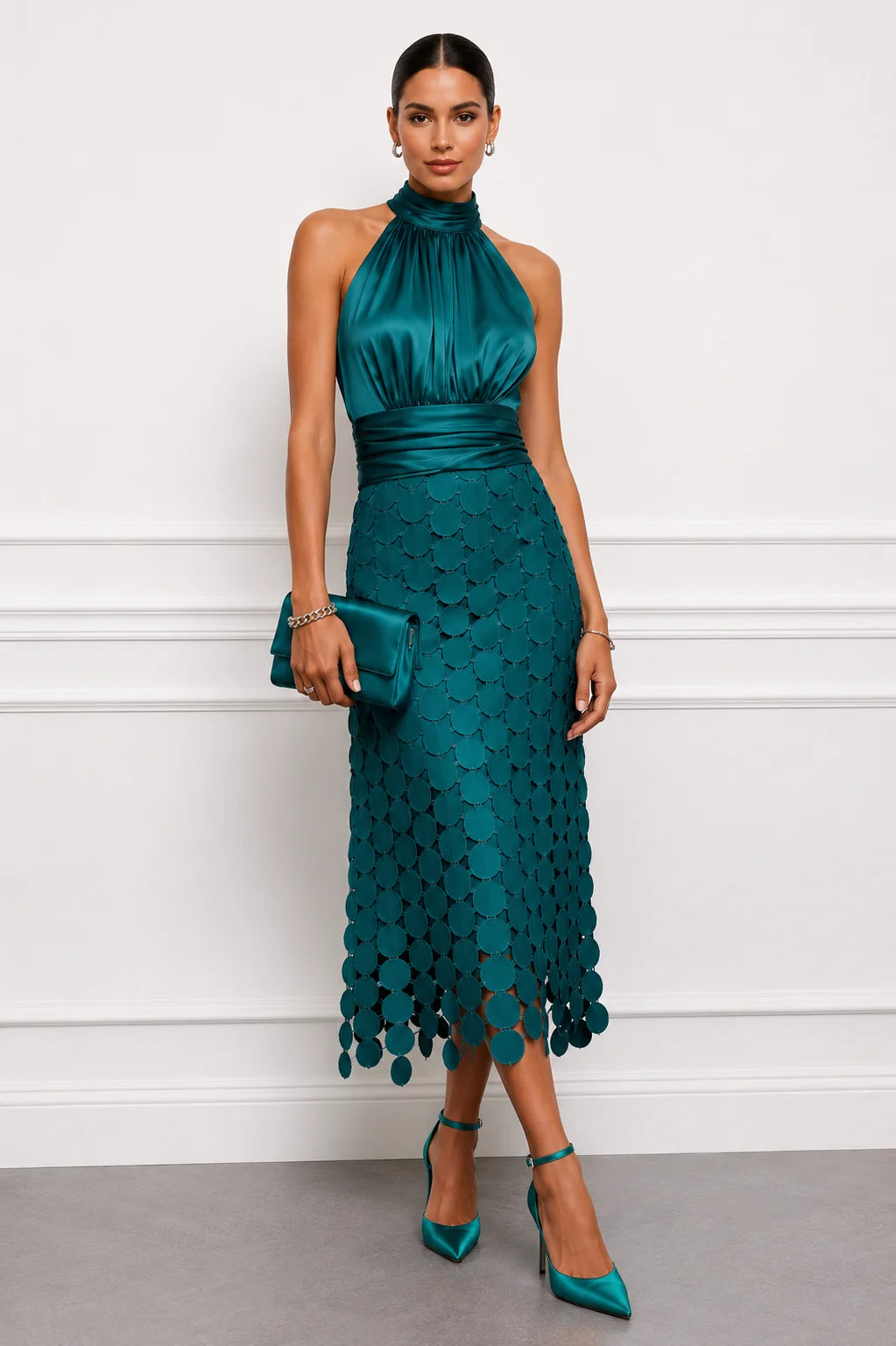 Eunice™ Halter Neck Midi Dress in dark green, front view