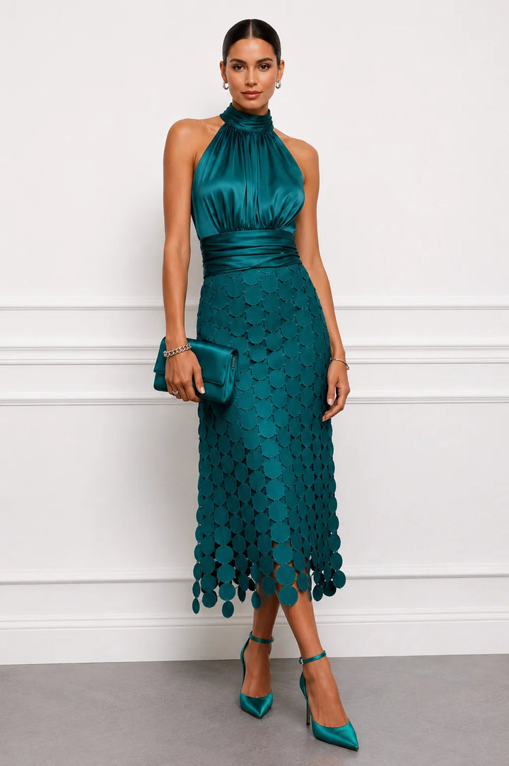 Eunice™ Halter Neck Midi Dress in dark green, front view