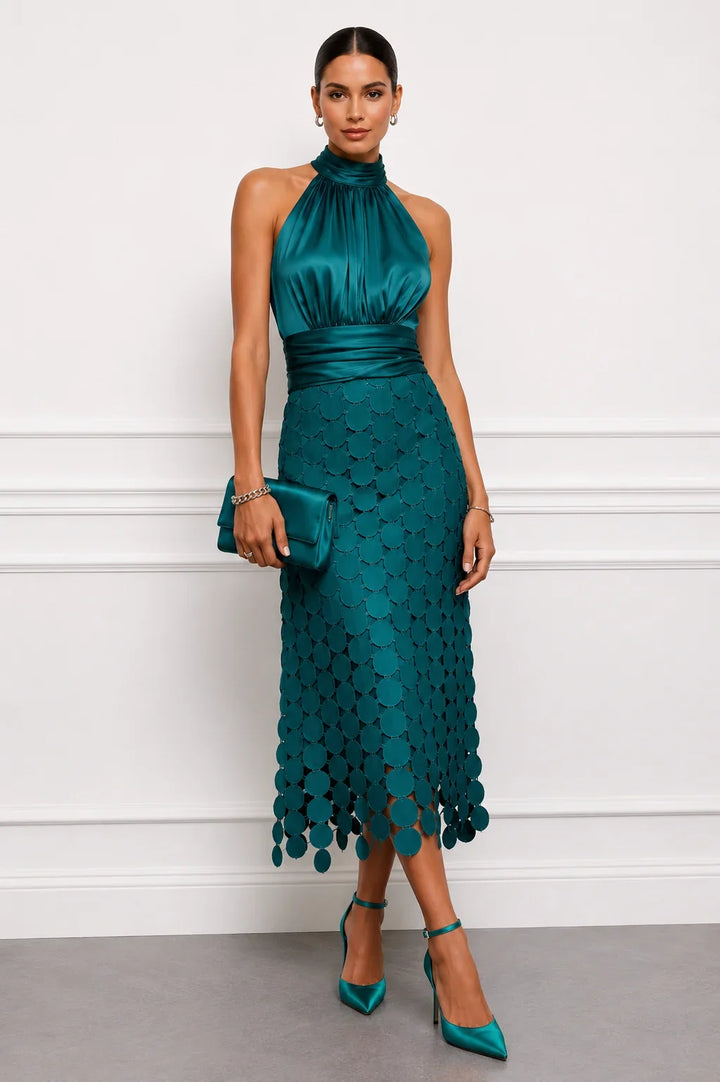 Rosemary™ Halter Neck Scalloped Midi Dress in Dark Green, full length