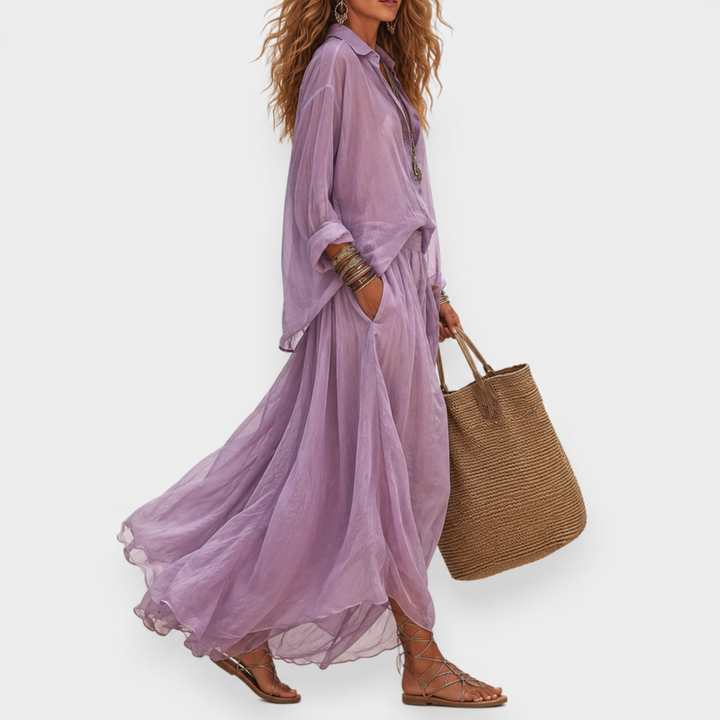 Clementine™ Blouse and Pleated Skirt Set showing the button-front blouse