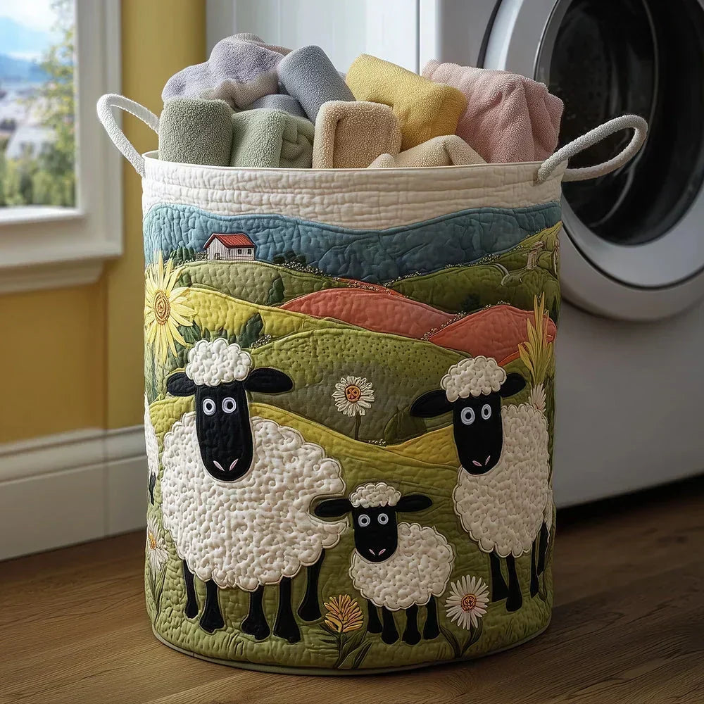 Joanne™ Rolling Hills Sheep Quilted Laundry Basket, sheep resting on soft pastel rolling hills under a pale sky