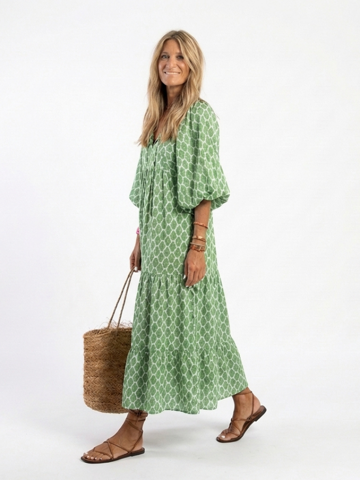 Edith™ Three-Quarter Sleeve Patterned Midi Dress, sleeve and waist detail