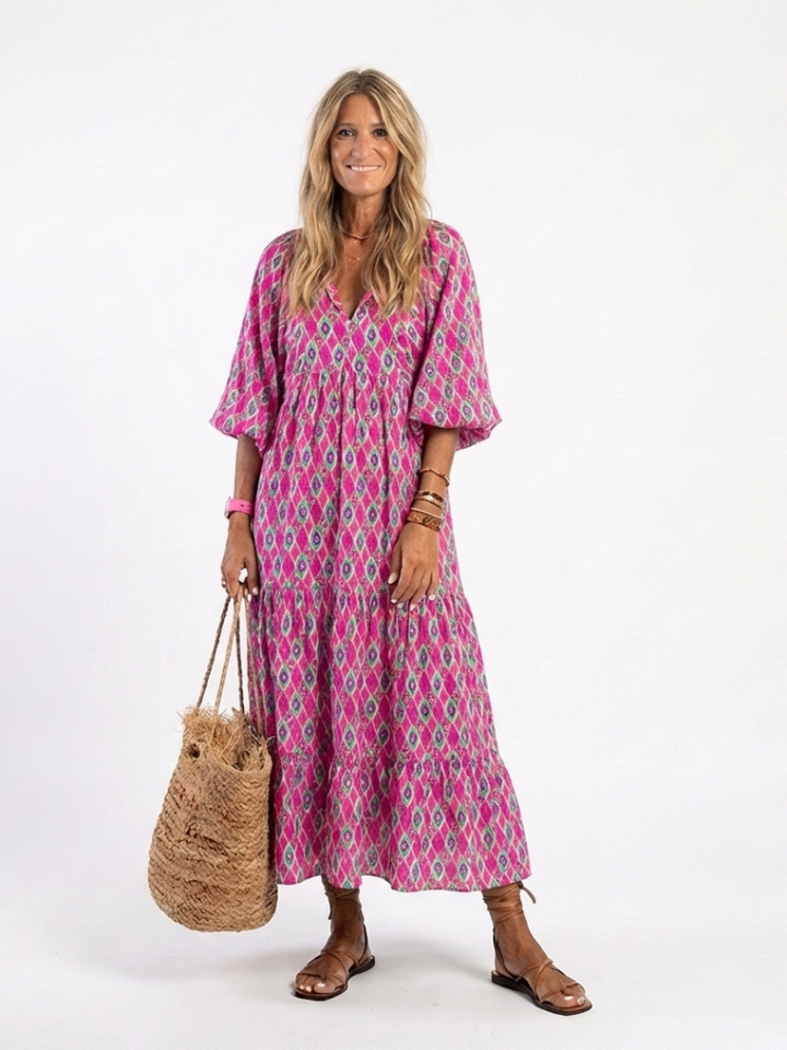 Edith™ Three-Quarter Sleeve Patterned Midi Dress, in Purple, full length