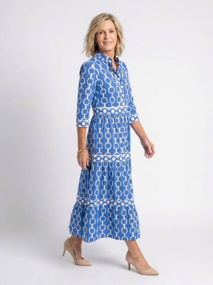 Lenora™ Tile Print Button-Front Midi Dress, tiered skirt detail