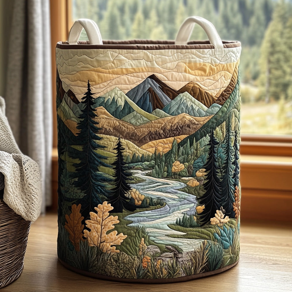 Lorna™ Mountain River Quilted Laundry Basket, a mountain range with pine forest and a winding river