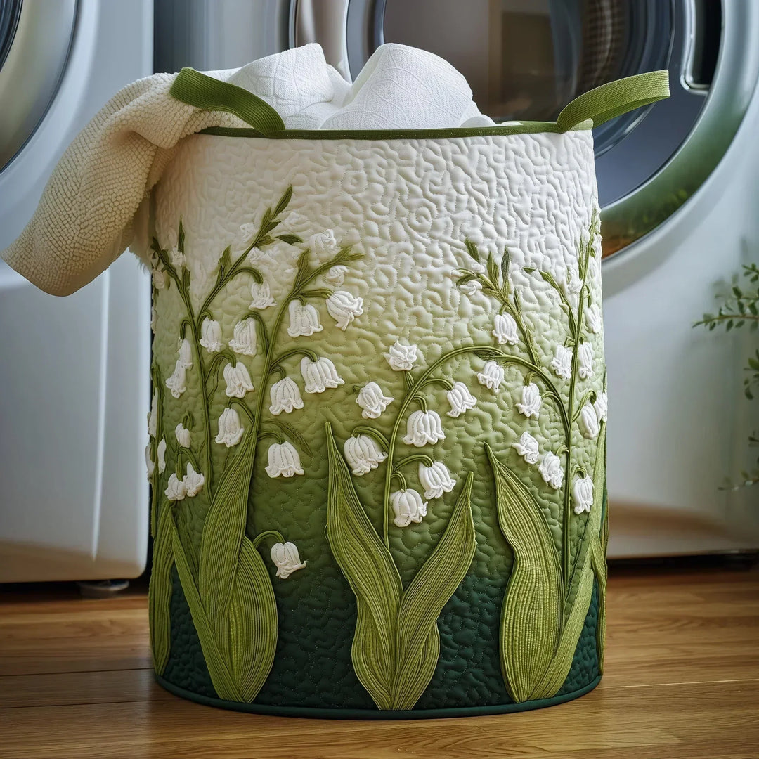 Rosetta™ Lily of the Valley Quilted Laundry Basket, white lily of the valley stems with long green leaves