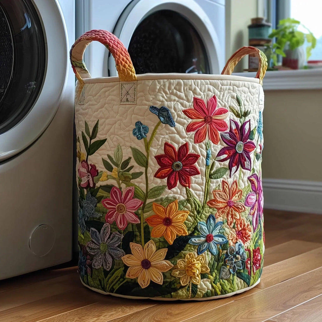 Pansy™ Bright Bloom Quilted Laundry Basket, bright daisies and pink and red garden flowers on cream