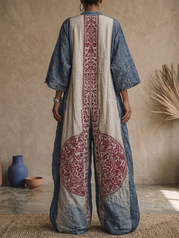 Agnes™ Vintage Print Wide-Leg Jumpsuit in burgundy, back view