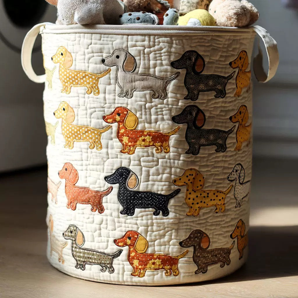 Tressie™ Dachshund Quilted Laundry Basket, little dachshunds on a cream ground in red, tan, black and gray