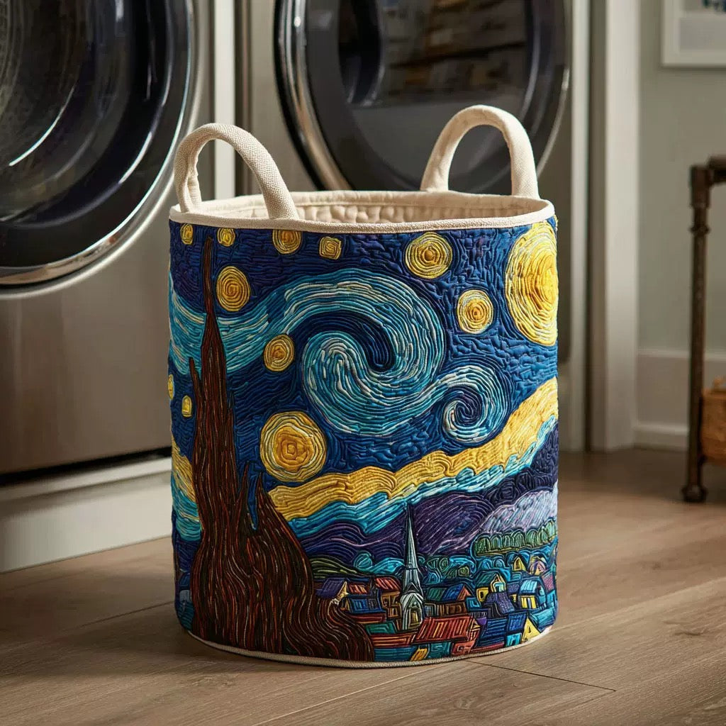 Gilda™ Starry Night Quilted Laundry Basket, a swirling blue and gold night sky over a village