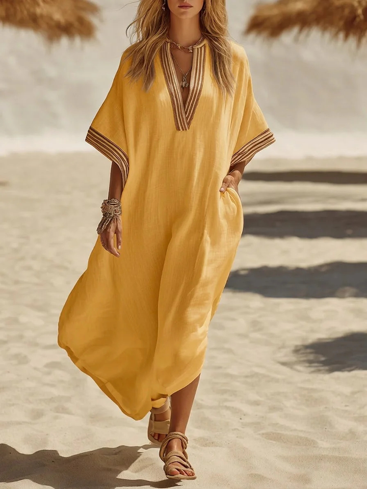 Winifred™ Braid Trim Kaftan Dress in mustard, front view