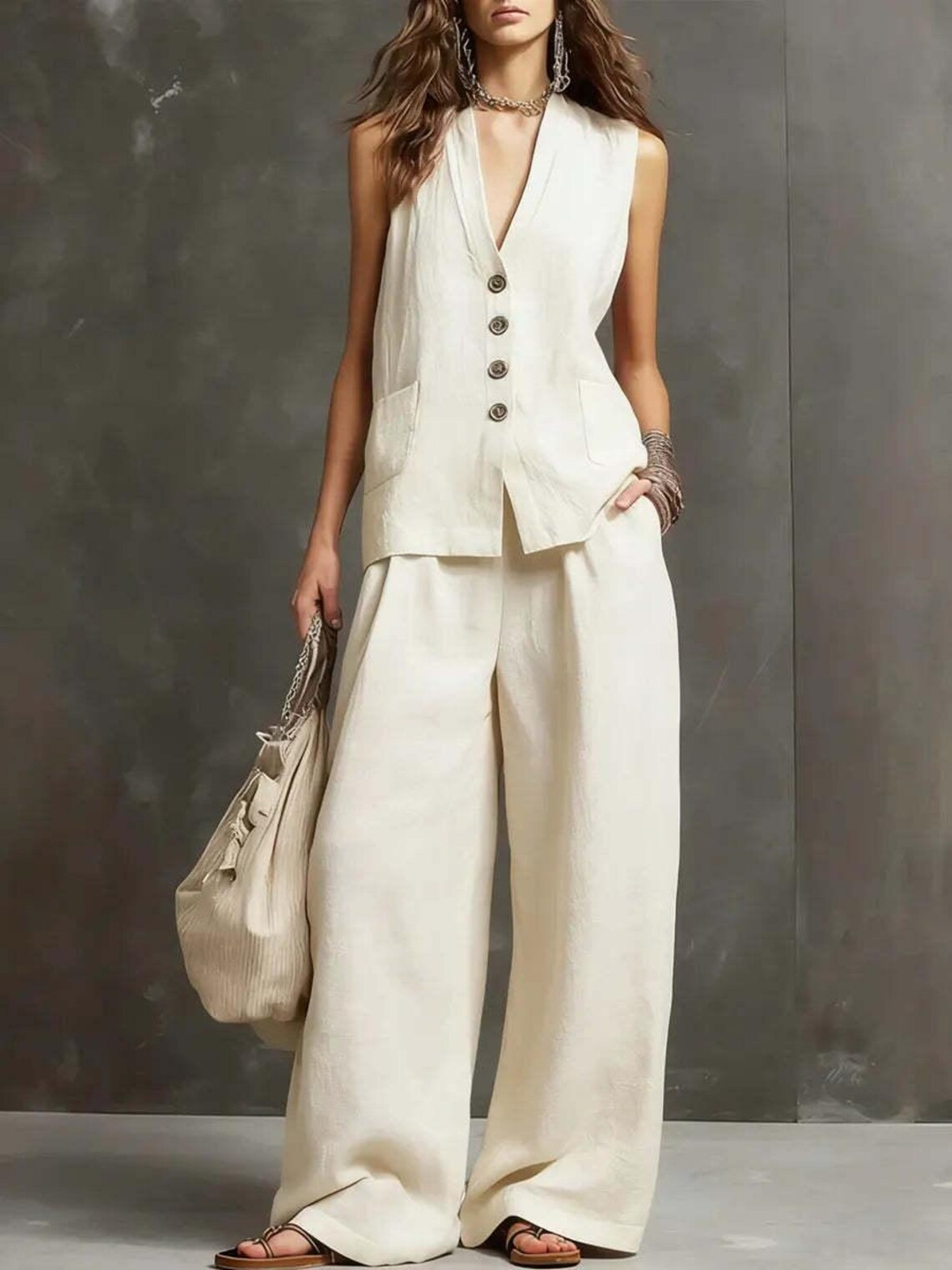 Imogene™ Linen Vest and Culotte Set in beige, front view