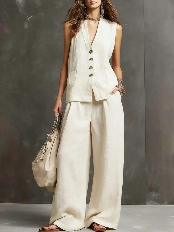 Imogene™ Linen Vest and Culotte Set in beige, front view