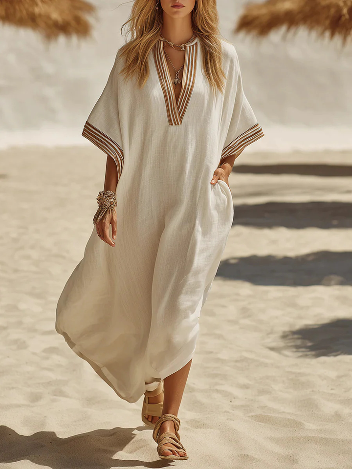 Winifred™ Braid Trim Kaftan Dress in cream, front view