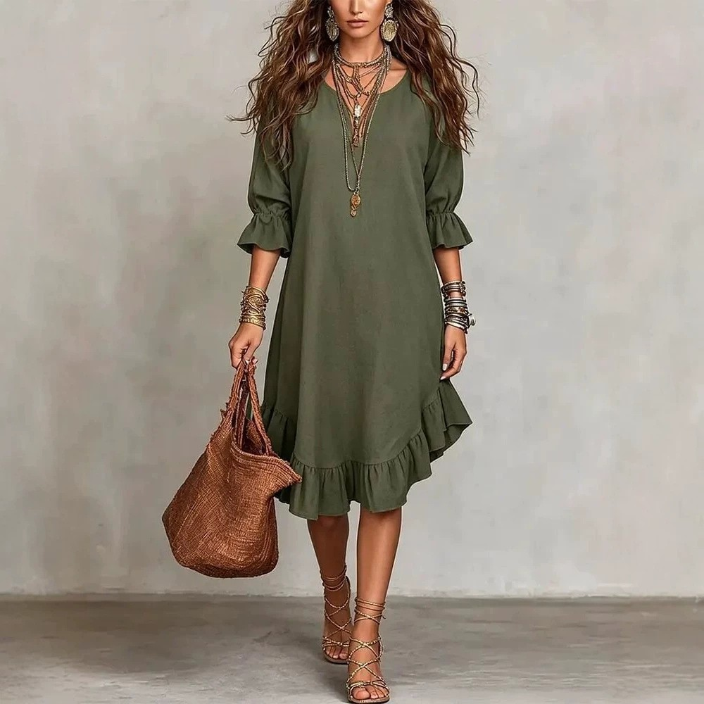 Juanita™ Ruffle Hem Midi Dress in olive green, front view