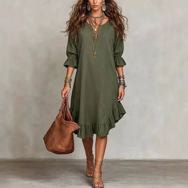 Juanita™ Ruffle Hem Midi Dress in olive green, front view
