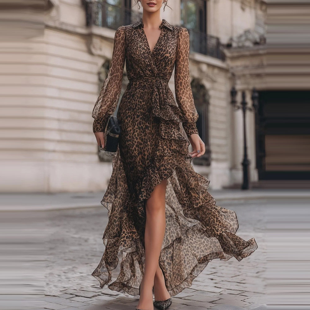 Harriet leopard print chiffon maxi dress with ruffled hem, front view