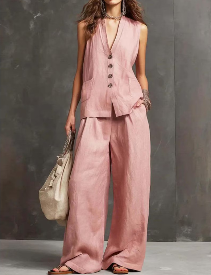 Imogene™ Linen Vest and Culotte Set in pink, front view