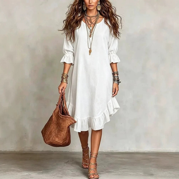Juanita™ Ruffle Hem Midi Dress in white, front view