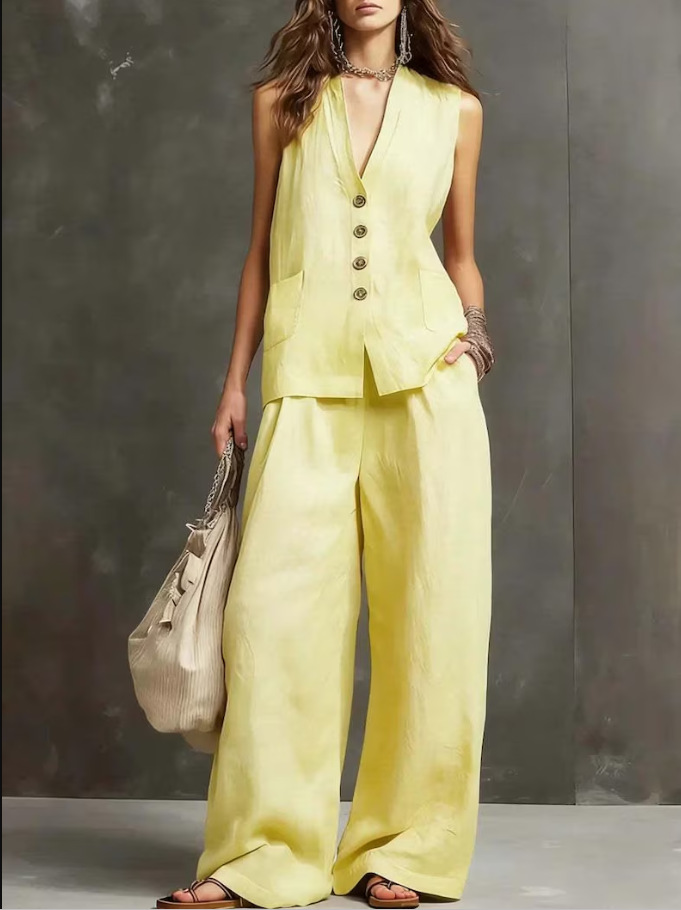 Imogene™ Linen Vest and Culotte Set in yellow, front view