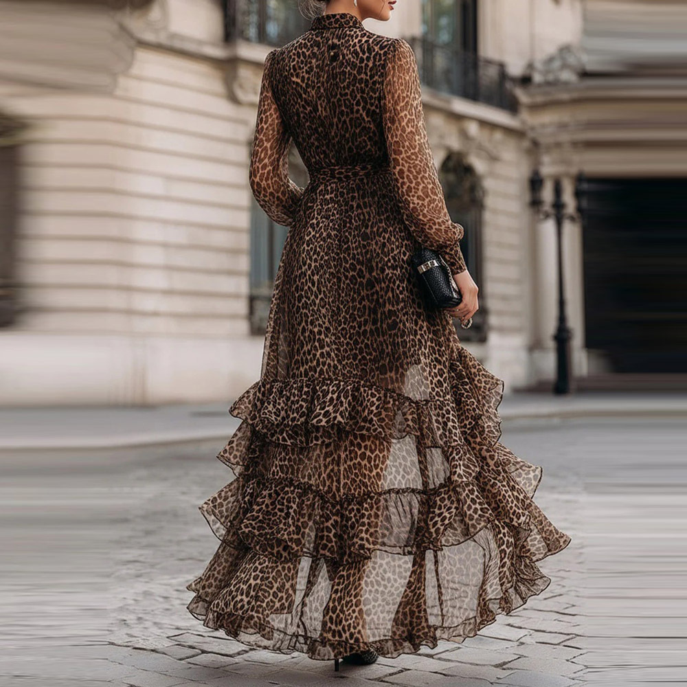 Harriet leopard print chiffon maxi dress, back view showing the tiered ruffles