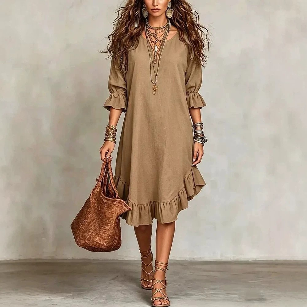 Juanita™ Ruffle Hem Midi Dress in camel, front view