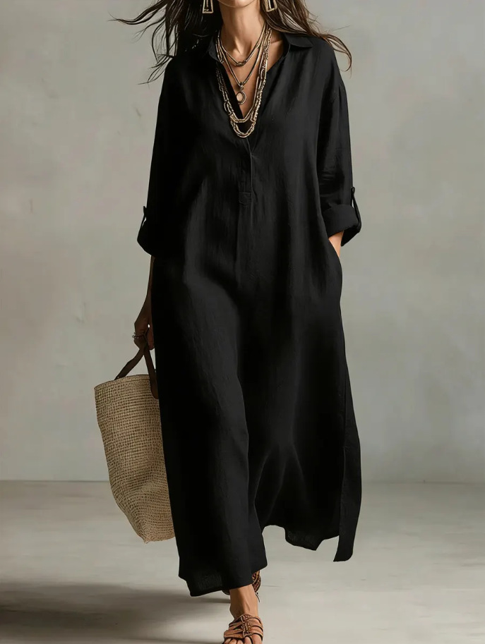 Myrtle™ Maxi Shirt Dress in black, front view