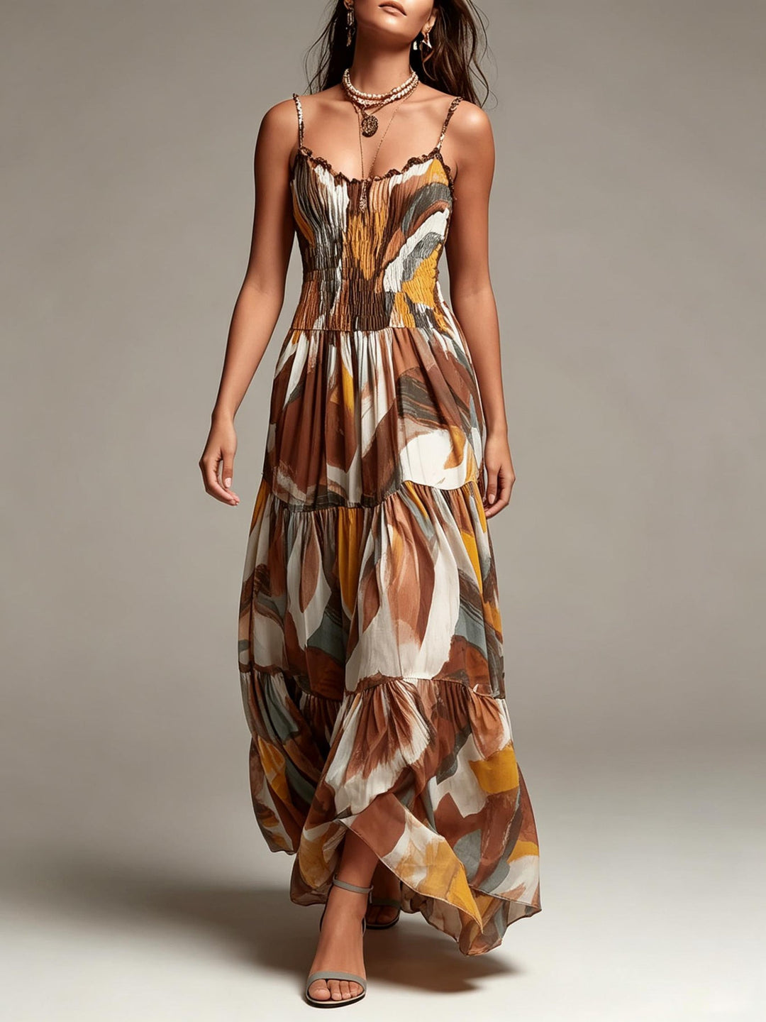Cordelia™ Abstract Print Tiered Maxi Dress showing the smocked bodice and adjustable straps