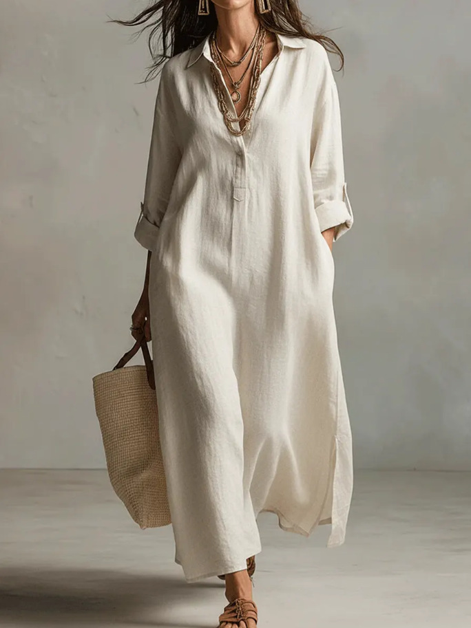 Myrtle™ Maxi Shirt Dress in cream, front view