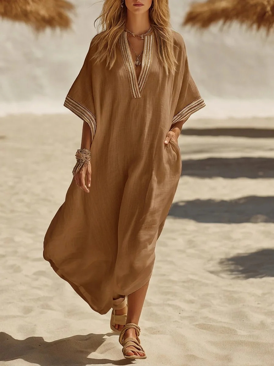 Winifred™ Braid Trim Kaftan Dress in camel, front view
