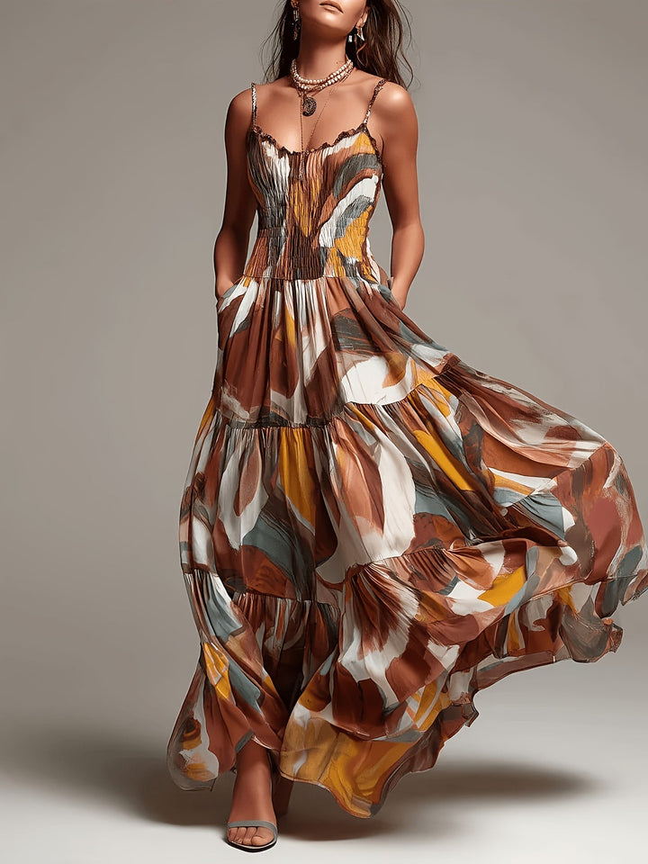 Cordelia™ Abstract Print Tiered Maxi Dress shown full length on a model