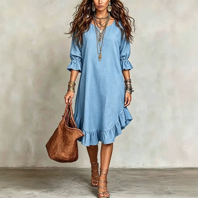 Juanita™ Ruffle Hem Midi Dress in light blue, front view