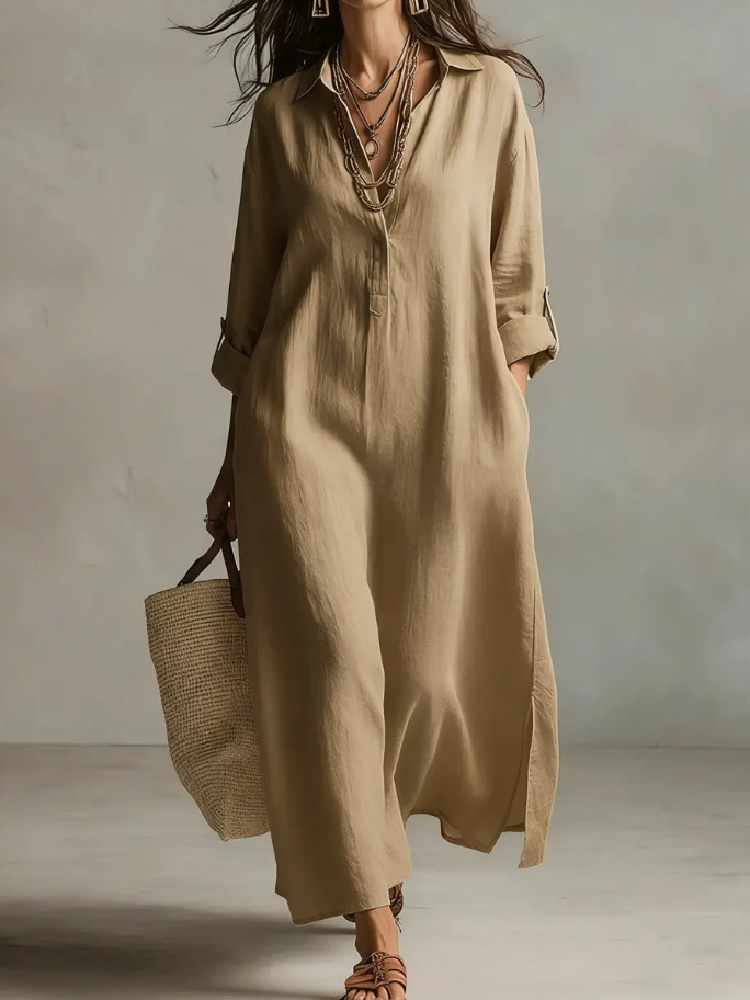 Myrtle™ Maxi Shirt Dress in khaki, front view