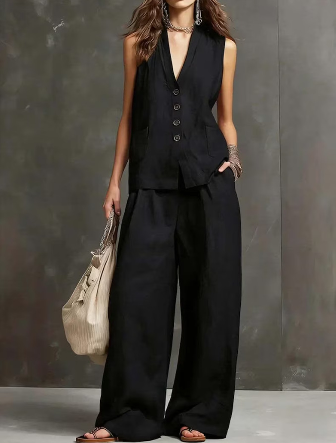 Imogene™ Linen Vest and Culotte Set in black, front view