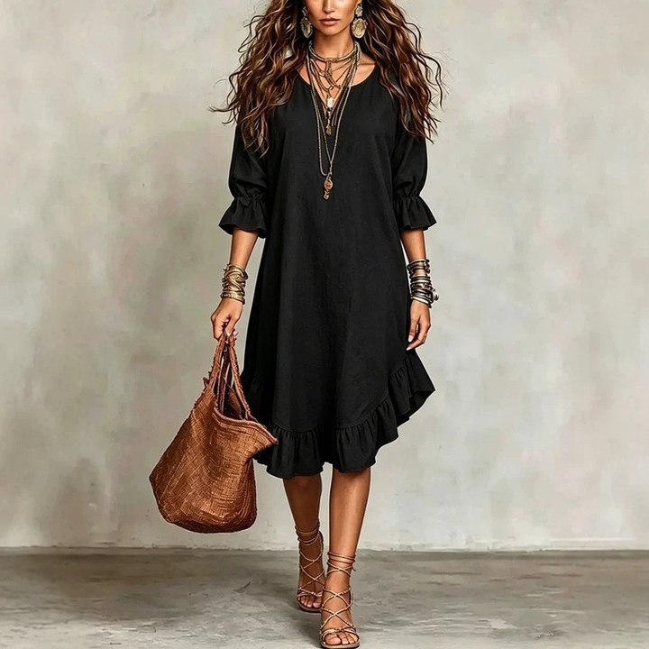 Juanita™ Ruffle Hem Midi Dress in black, front view
