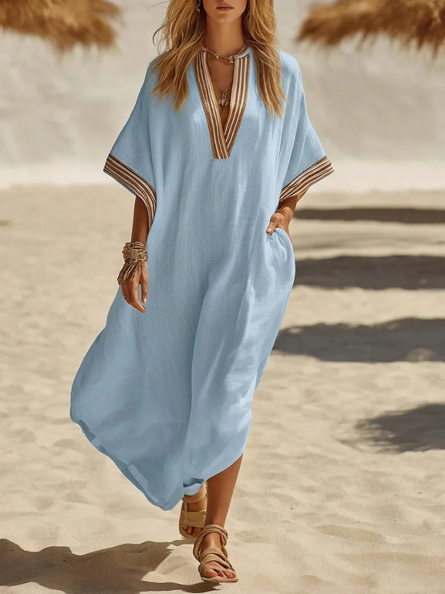 Winifred™ Braid Trim Kaftan Dress in light blue, front view