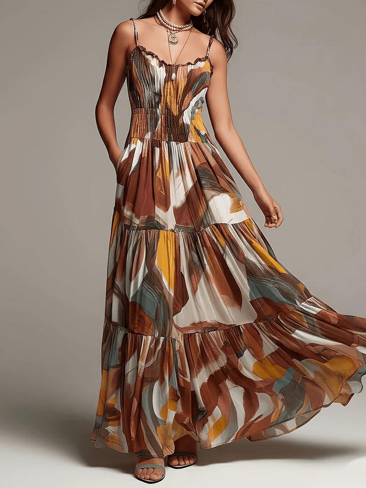 Cordelia™ Abstract Print Tiered Maxi Dress showing the tiered skirt in movement