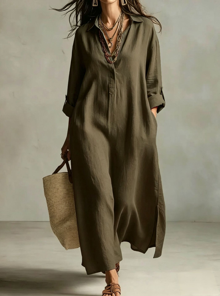 Myrtle™ Maxi Shirt Dress in olive, front view