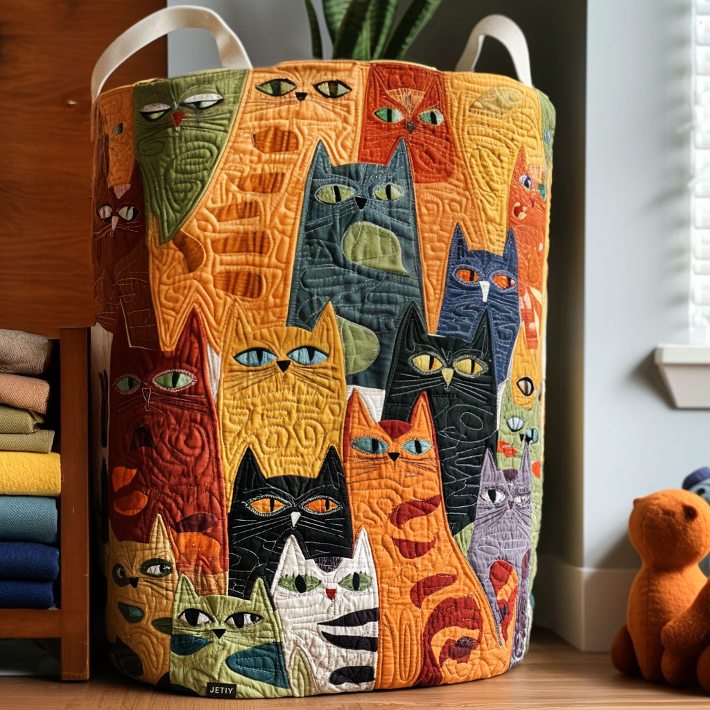 Alta™ Stacked Cats Quilted Laundry Basket, folk-art cats stacked in orange, blue, red and cream