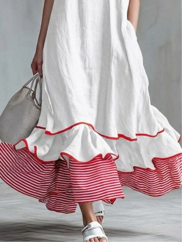 Bernice™ Red Stripe Ruffle Maxi Dress showing the short sleeves and full length