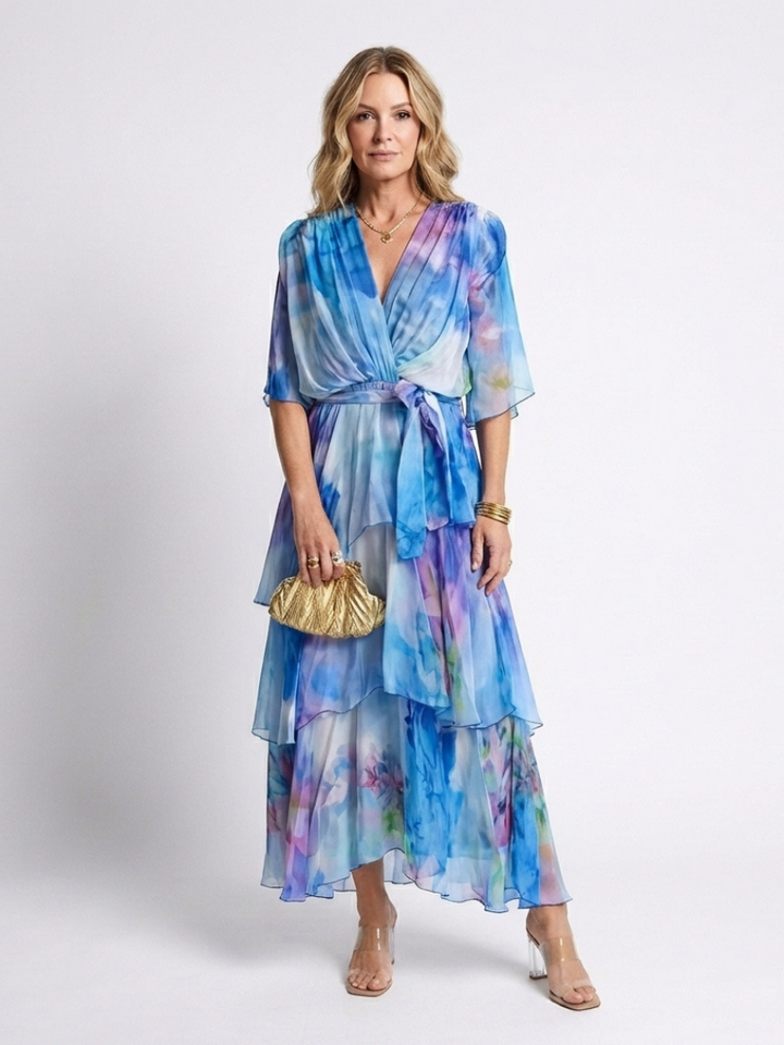 Zena™ Layered Tie Waist Maxi Dress, in Blue, full length